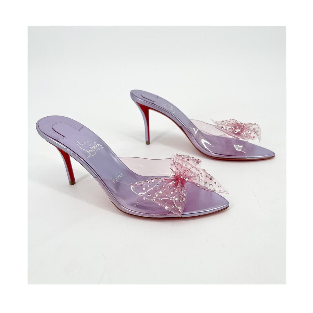 Christian Louboutin Aqua Strass PVC Pink Crystal Bow Pointed Toe Mules EU 37.5
